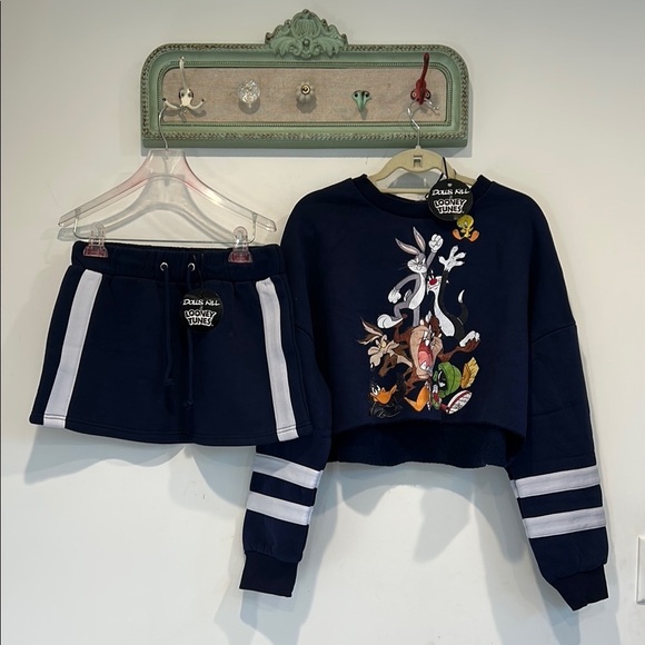 Dolls Kill Tops - Looney Tunes Dolls Kill Gangs all here graphic Navy Sweatshirt & mini skirt Set